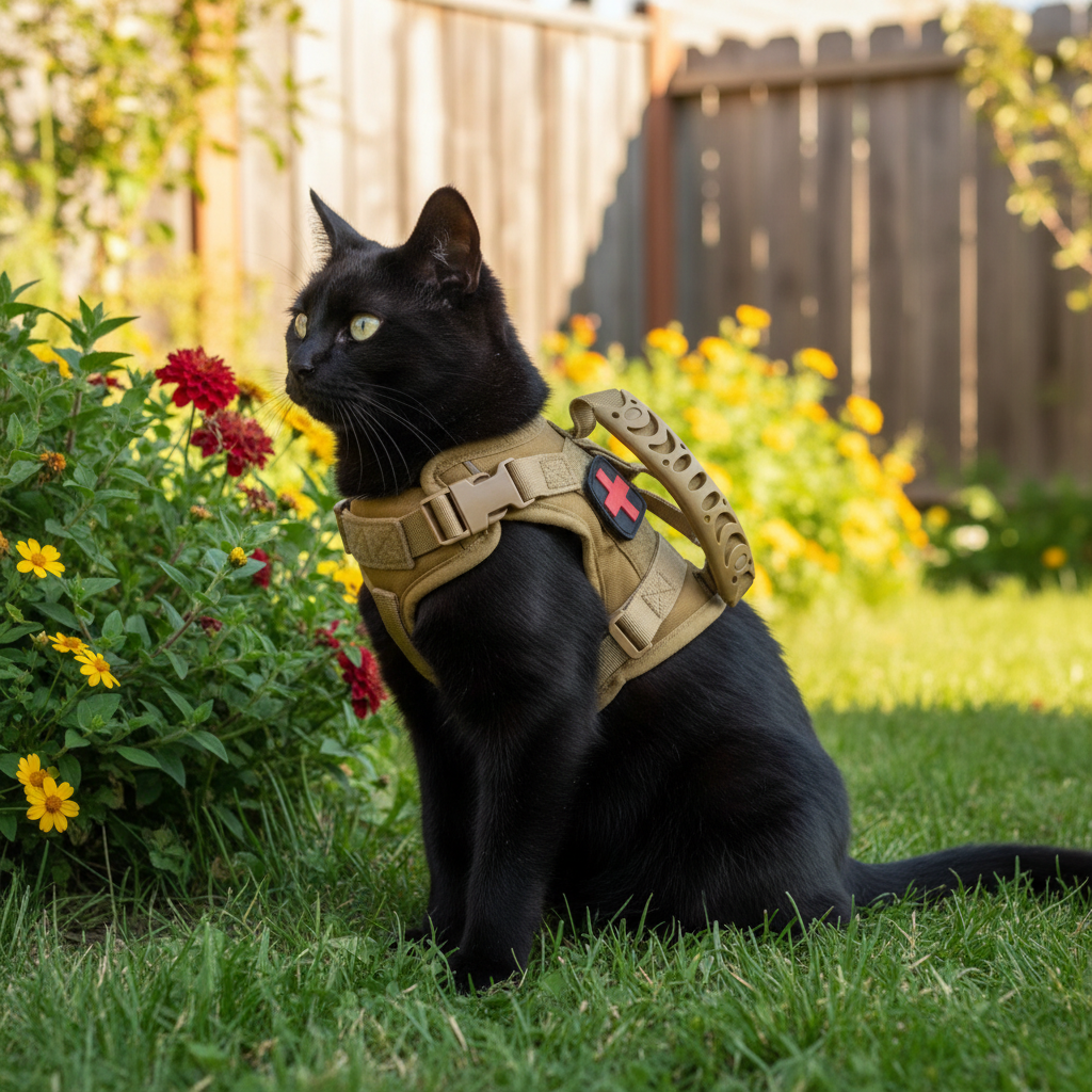 Black cat with Shield-Spec Harness outdoors