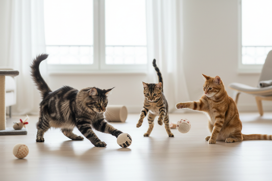 Different cats playing with aero solid ball