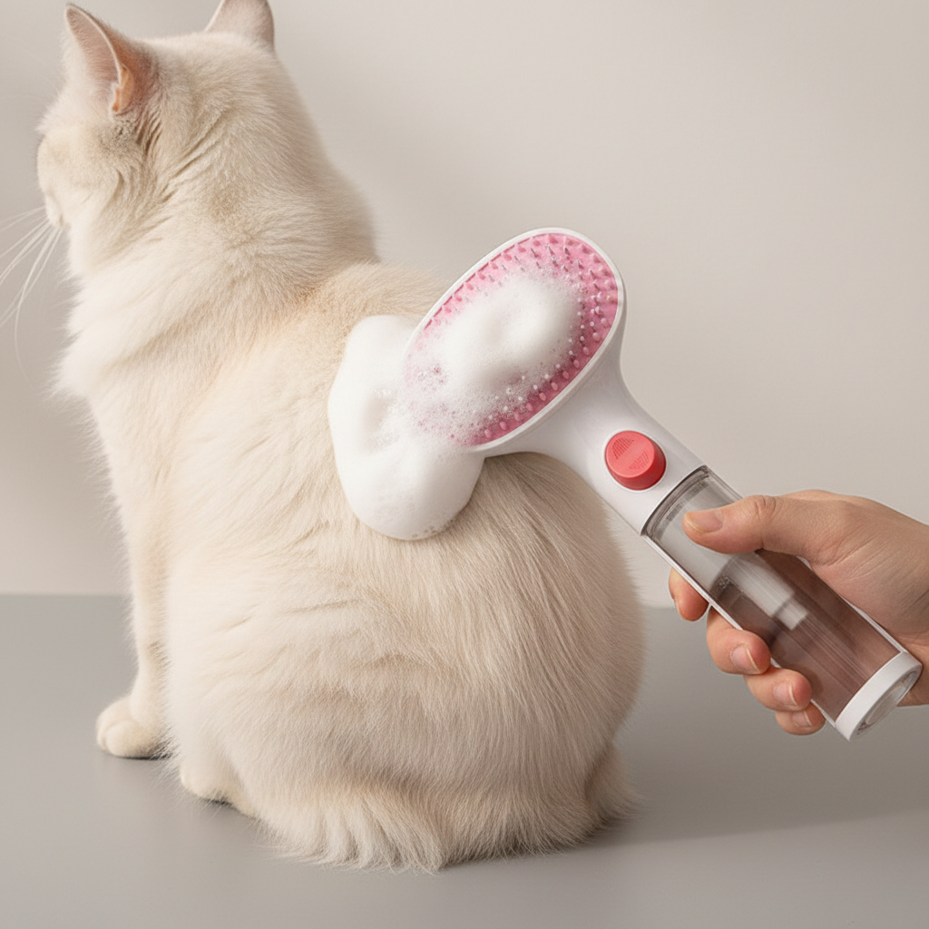 Foam grooming on cat