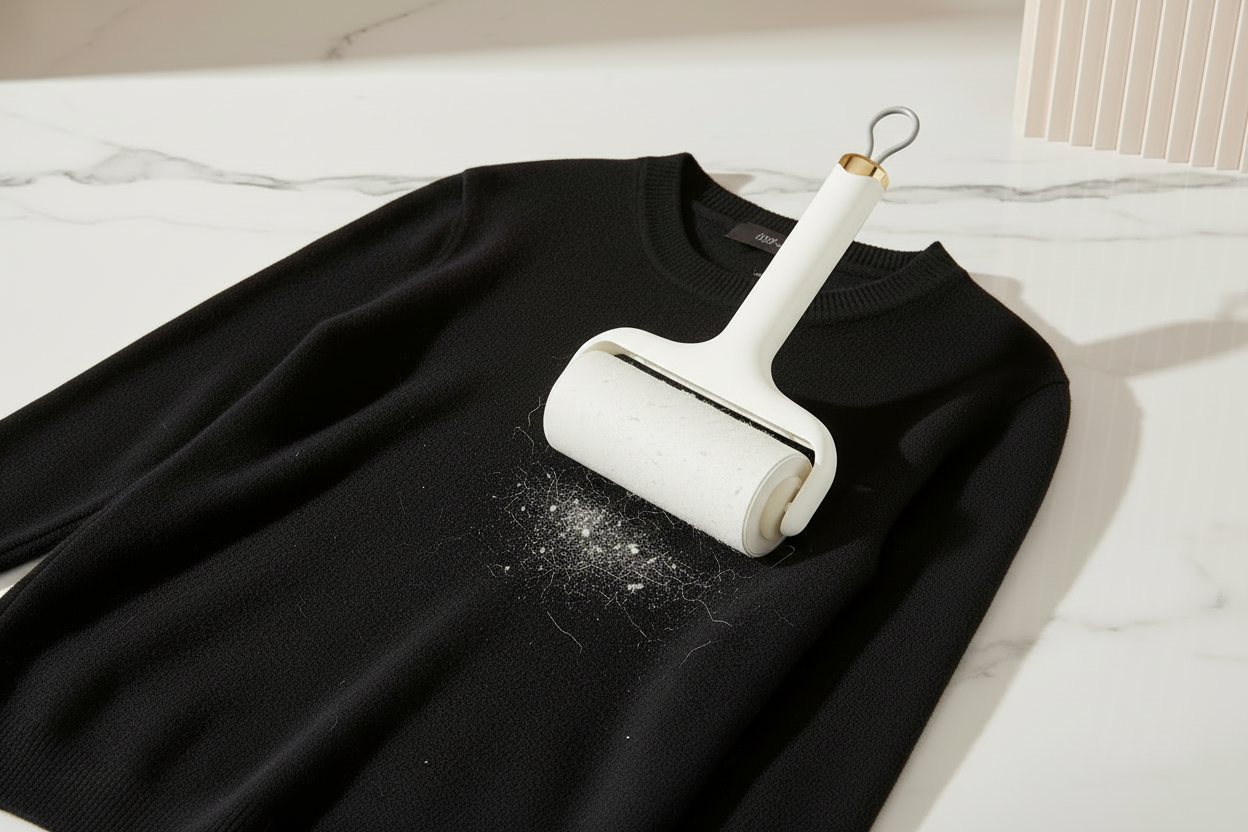 Lint roller on black sweater - no cover