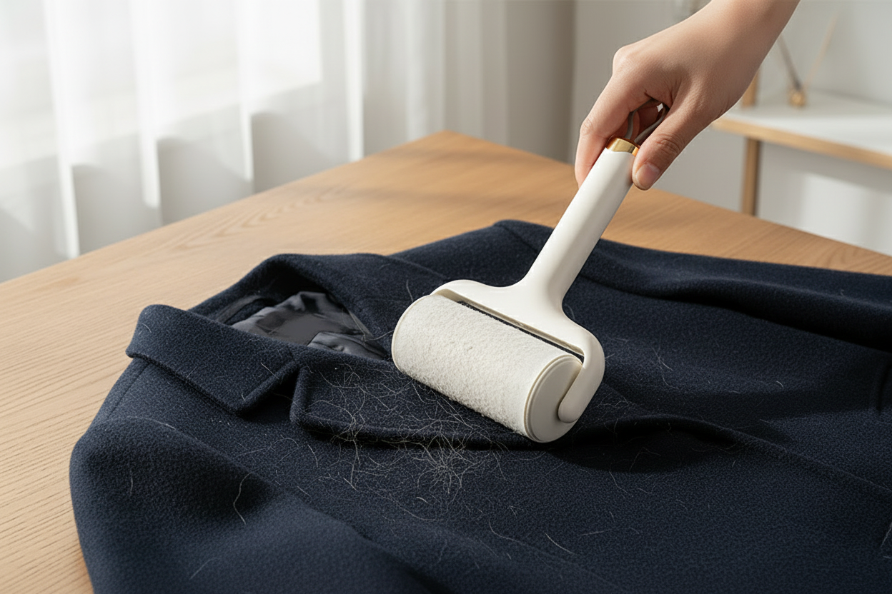 Lint roller on navy coat - cover off