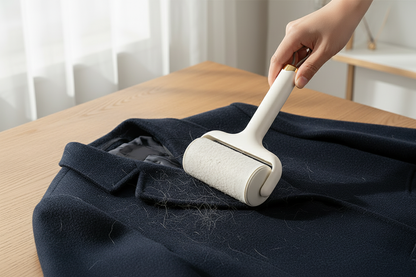 Lint roller on navy coat - cover off
