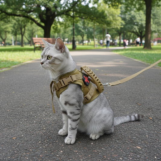 Tabby cat with Shield-Spec Harness outdoors