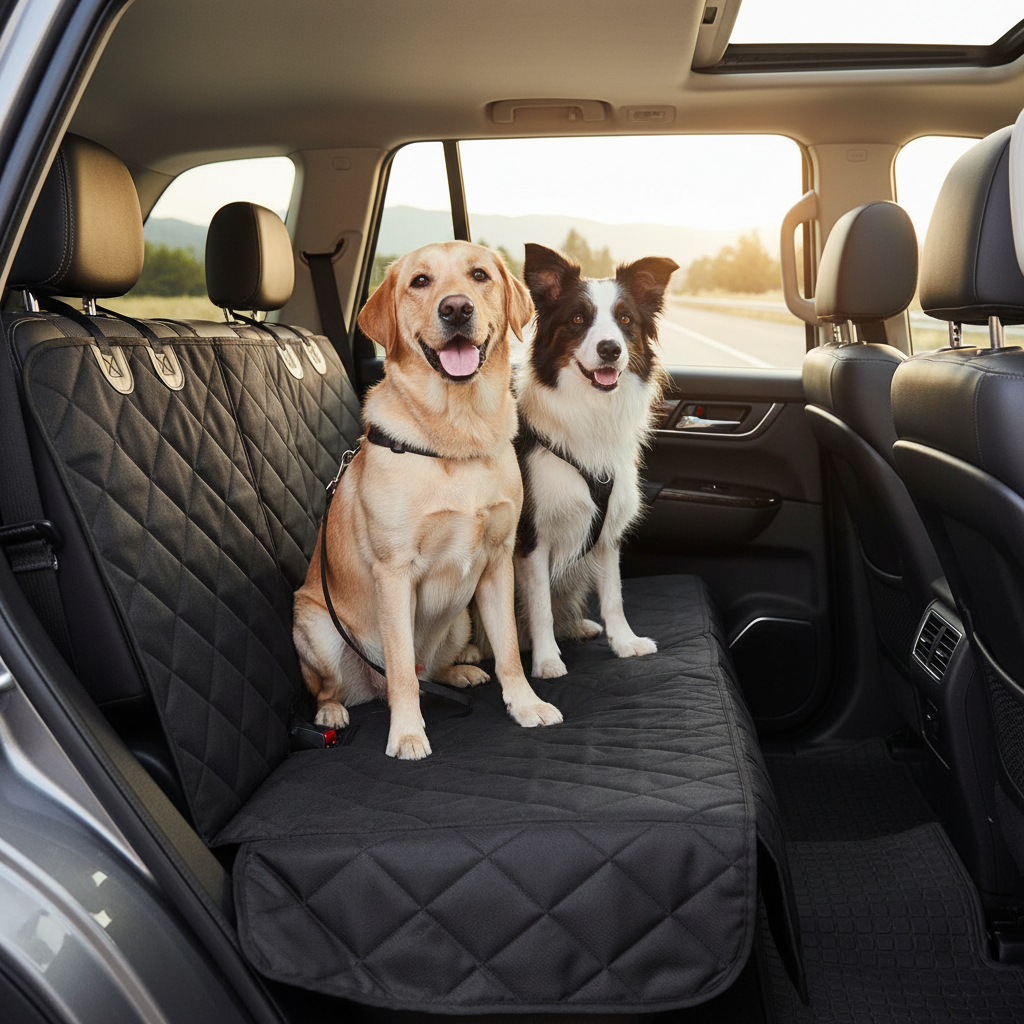 Two dogs on seat cover