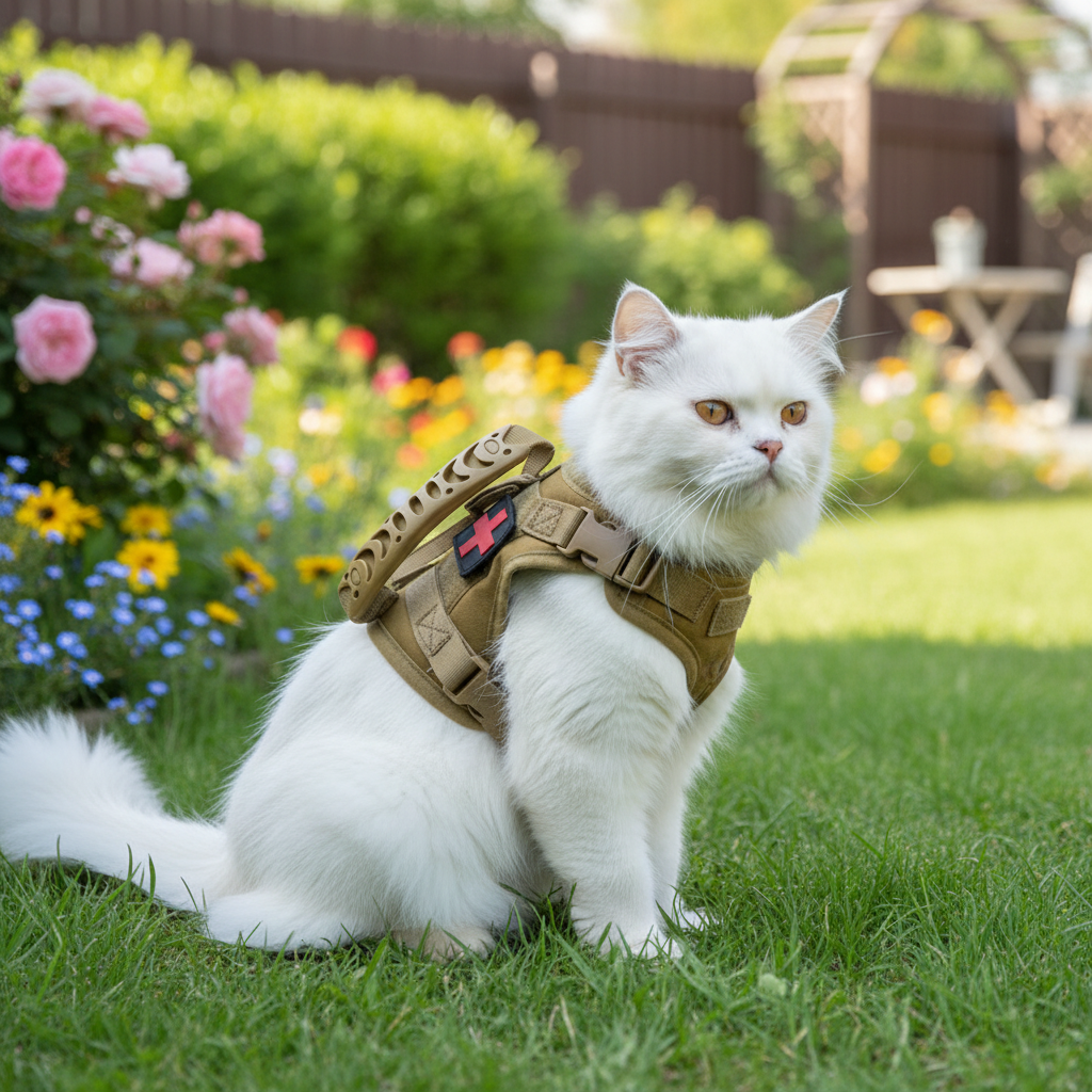 White fluffy cat with Shield-Spec Harness outdoors